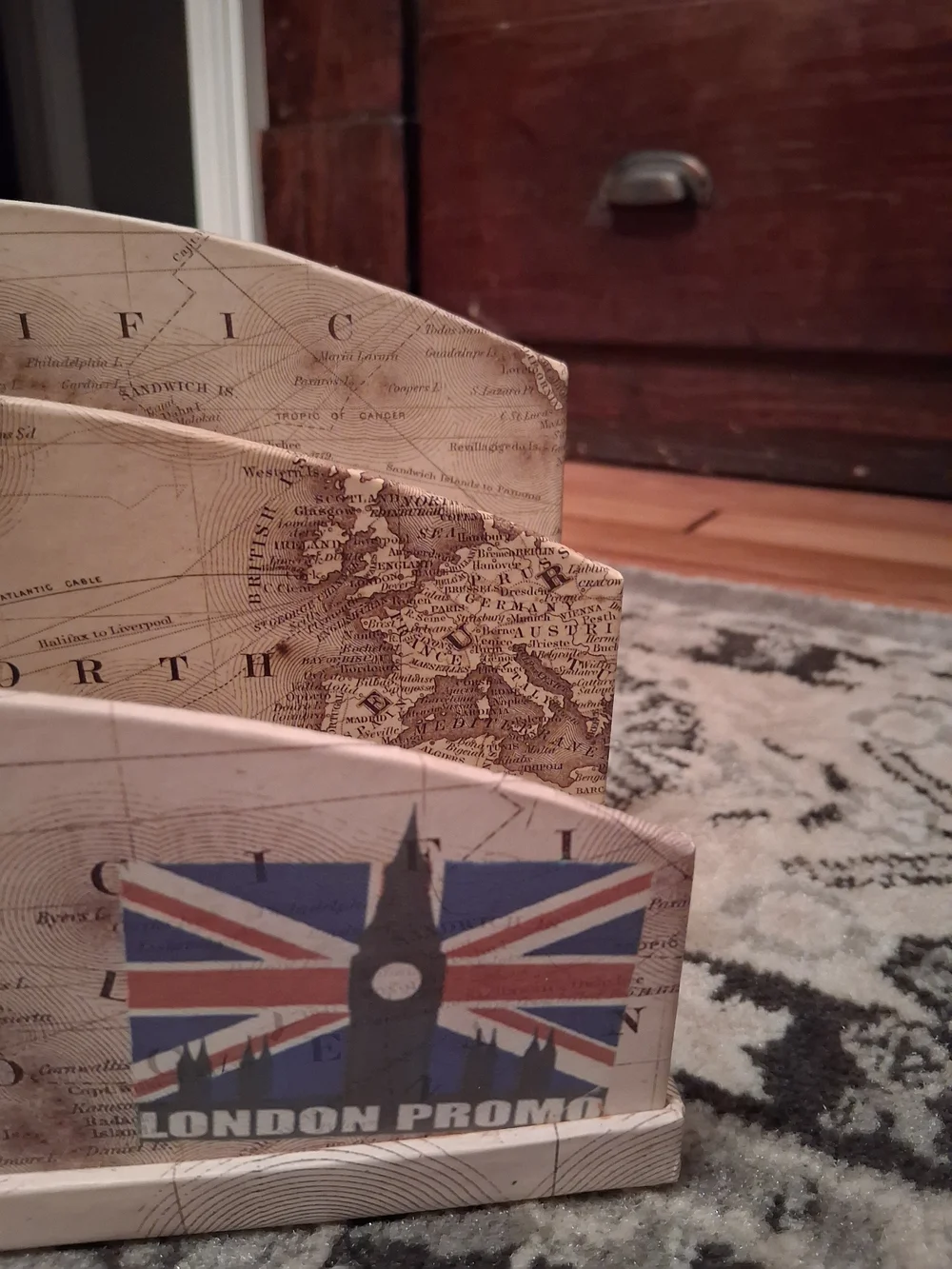 Vintage Travel-Print Wooden Letter Organizer in Beige